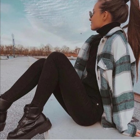 New Plaid Stripe Oversized Flannel Shirt Jacket - Picture 2 of 9